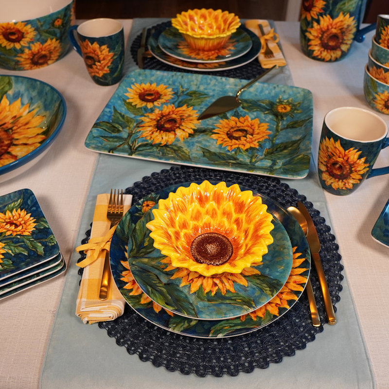 Golden Sunflower Blue Ceramic 20 oz Mug Set