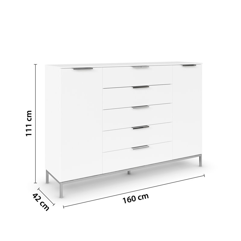 5 - Drawer Chest of Drawers, White/Chrome