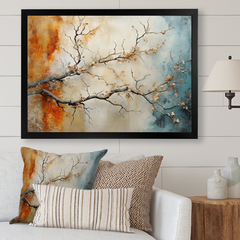 Orange Teal Maple Tree Glowing Agate II - Floral Wall Art Prints, H 34 po x l 44 po, Cadre photo noir