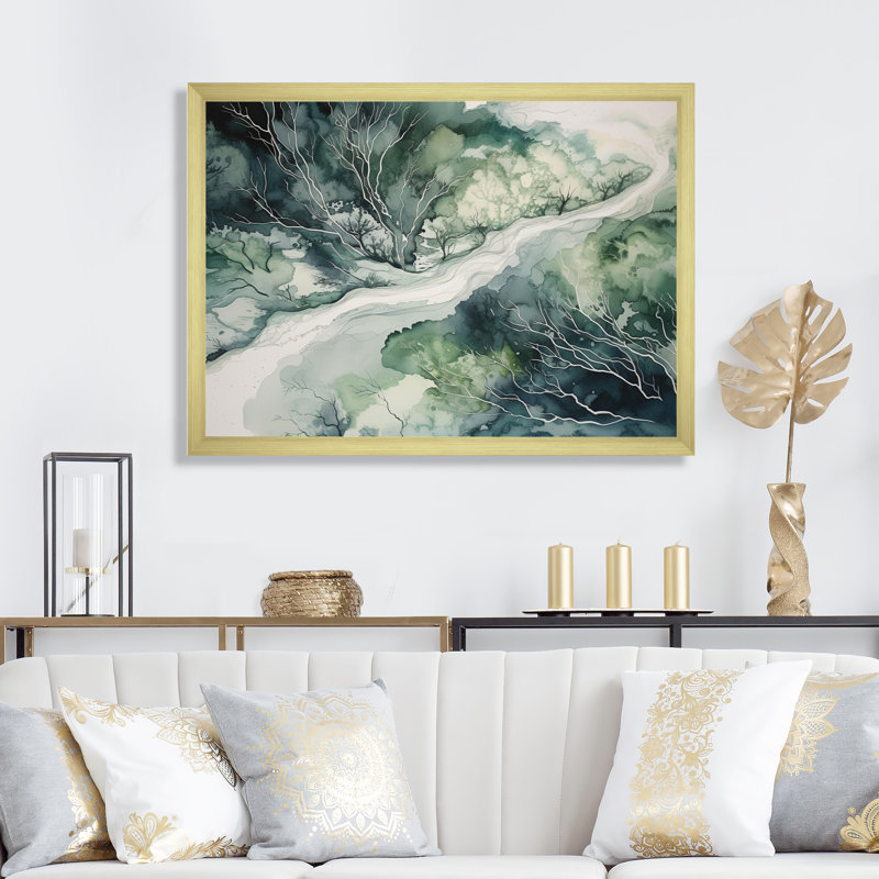 Vert et bleu marbré Dreamscape IV sur toile, H 12 po x l 20 po x P 1 po, Encadrement doré
