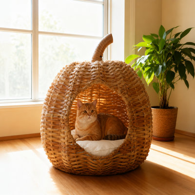 Lit-grotte en rotin tissé à la main en forme de citrouille avec coussin lavable, cachette semi-fermée en osier toutes saisons pour chats et petits chiens, style naturel