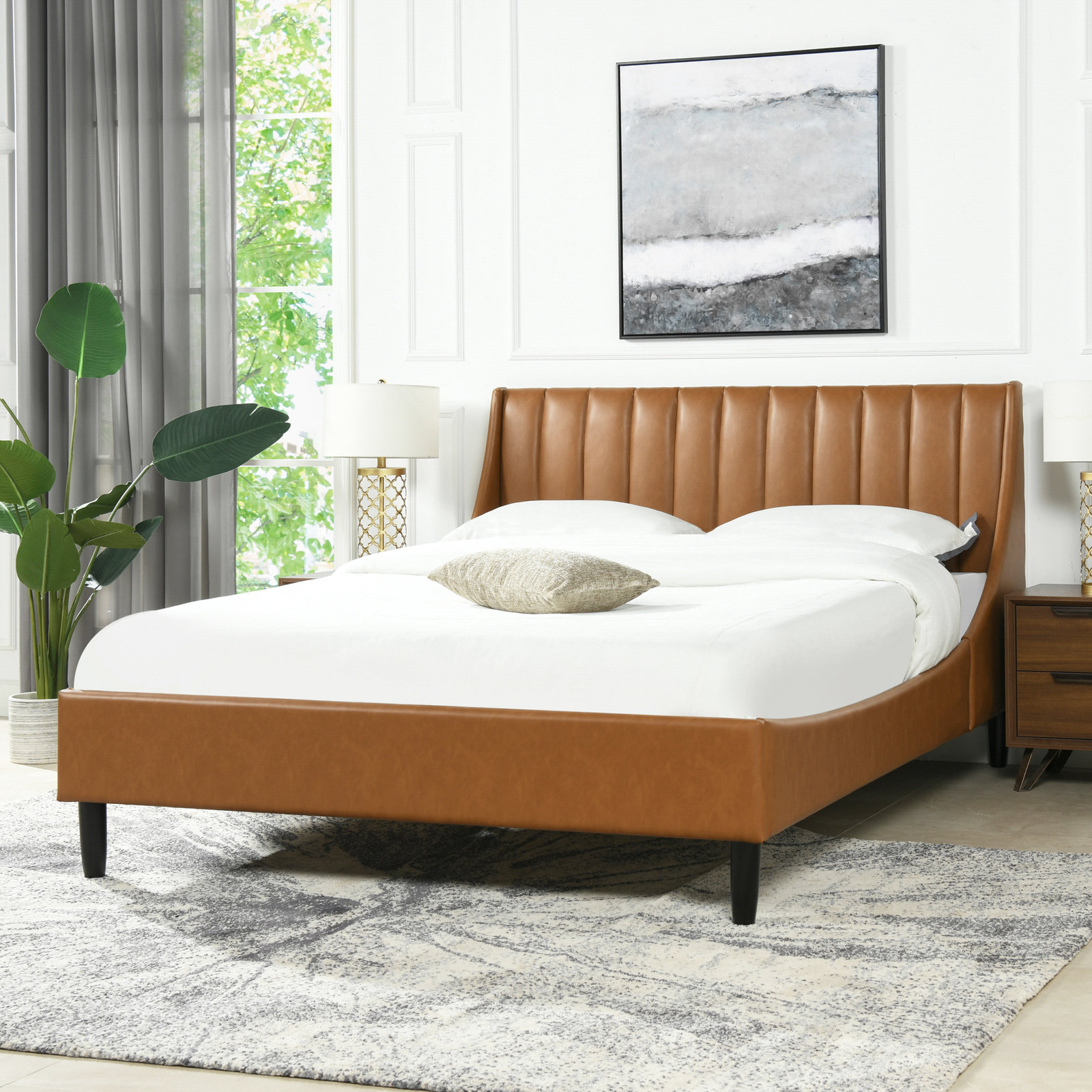 Helaina Velvet Upholstered Wingback Bed, Queen, Caramel Tan Brown Faux Leather