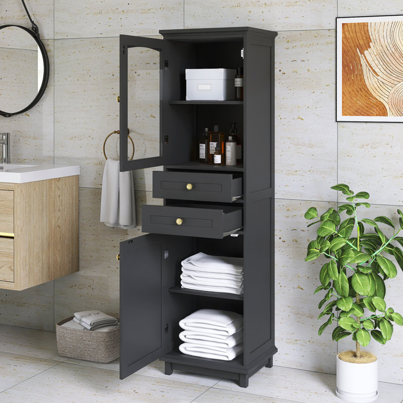 63" Tall Bathroom Freestanding Cabinet With Adjustable Shelves, Black