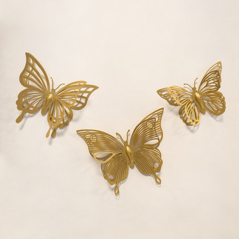 3D Metal Butterflies Wall Decor Set - 3 Piece, Gold