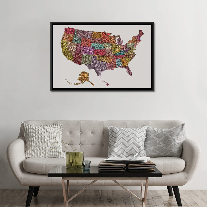 «US Map», impression sur toile, Toile avec cadre noir, Pas de tapis, H 32 po x l 48 po x P 1,5 po