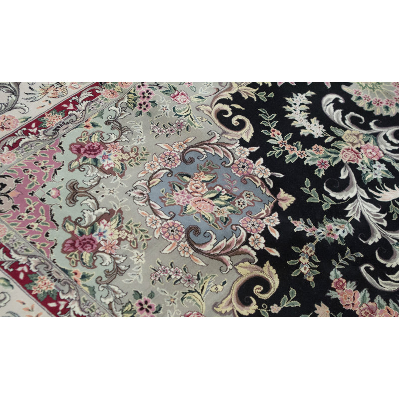 Wool Oriental Area Rug in Black/Light Green/Pink