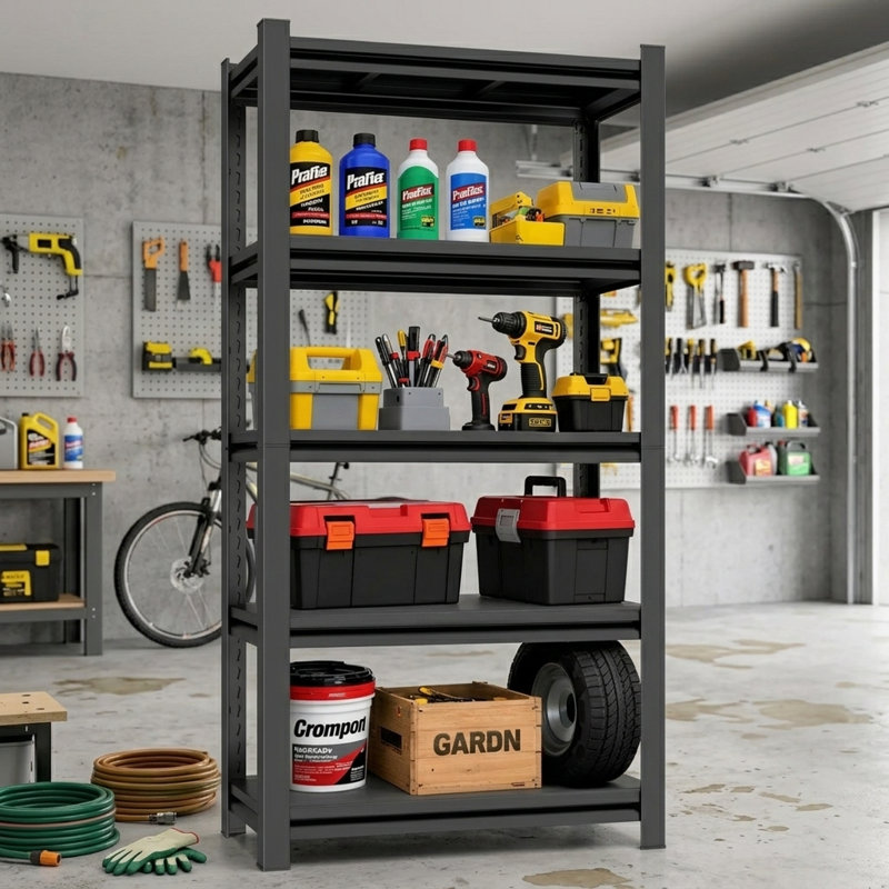 Étagère de rangement pour garage à 63 niveaux H 63 po, support réglable en métal robuste, organisateur autoportant pour entrepôt, sous-sol, buanderie et garde-manger, noir