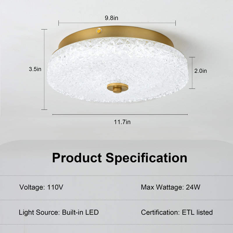 11.7" Dimmable LED Gold Crystal Flush Mount Ceiling Light with Remote Control