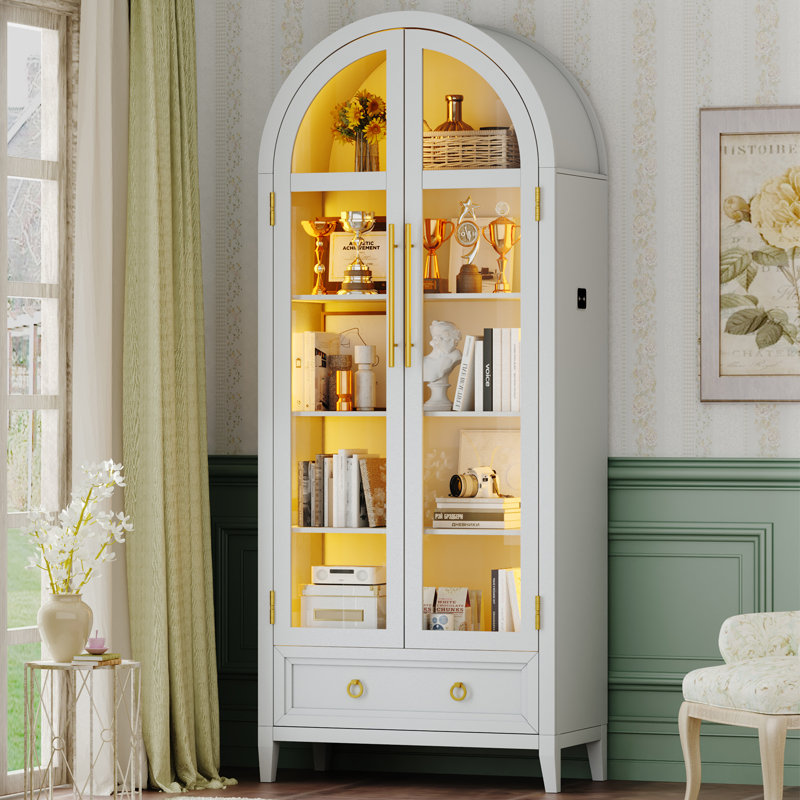 Arched Storage Display Cabinet With Led Lights, Adjustable Brightness & Smart Human Induction, White