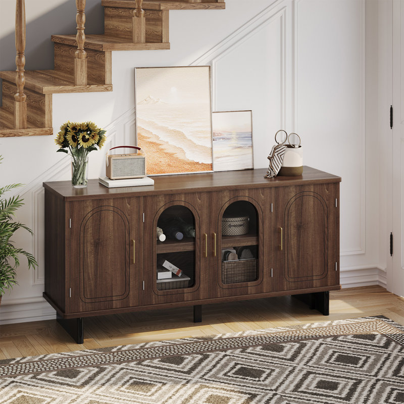 59'' Mid-Century Modern TV Stand with Arched Glass Doors, Media Console Table for TVs up to 65'', Sideboard Storage Cabinet for Living Room & Entryway