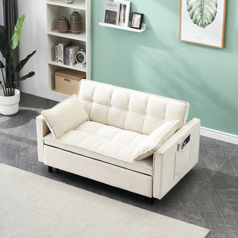 Beige 2 Velours Moderne, Canapé-lit 3 en 1 convertible, avec dossier, oreiller, 84 cm de largeur, 140 cm de profondeur, 83 cm de hauteur, Lit convertible, gigogne