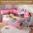 Twin Size Corner Bed With Bookcase Shelves And 2 Large Drawers,Twin Daybed With Led Lights And Charging Station,Corner Bed Frame With 39.4"L Desk,2 Fabric Drawers & Side Storage Bag,No Box Spring,Pink-1162594808