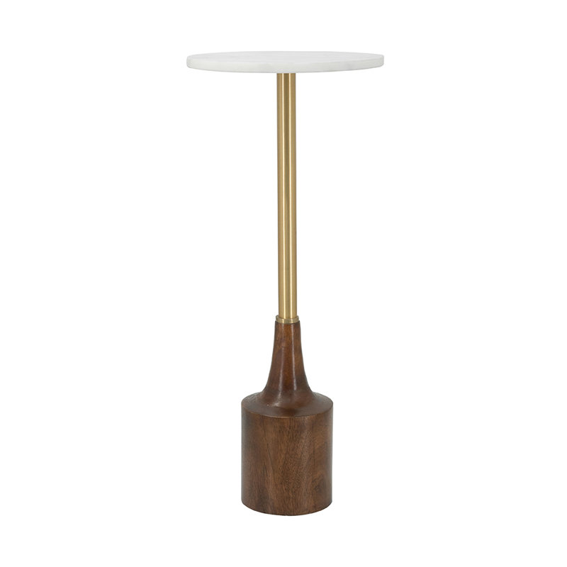 Round Side Table with Marble Top & Wooden Base - 9.5"Dia. - White/Gold/Brown