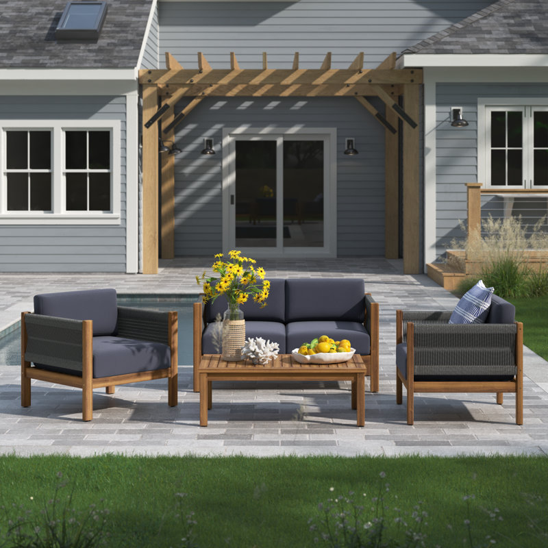 4-Piece 4-Person Acacia Wood Outdoor Conversation Set , 4 Pieces: Table, 2 Armchairs, 1 Loveseat