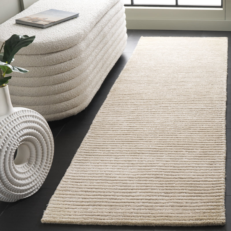 Tadas Hand Tufted Wool/Pet Yarn Solid Color Rug in Ivory, Runner 2'3" x 8'