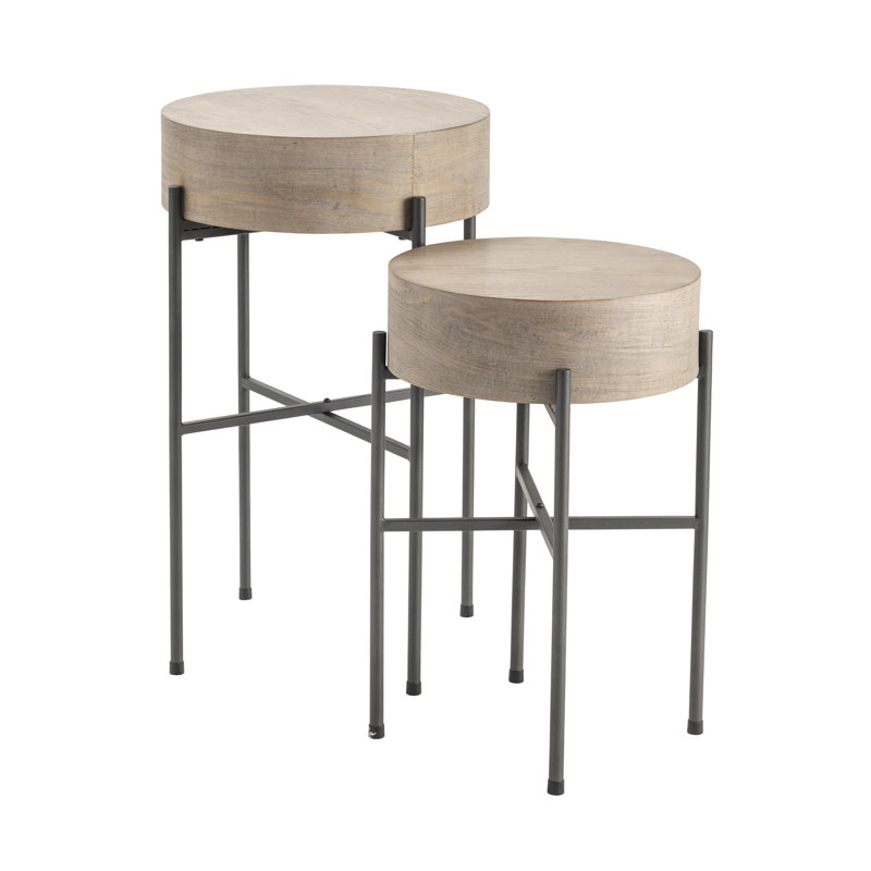 Normandy Round Beige Wood and Metal Accent Table Set