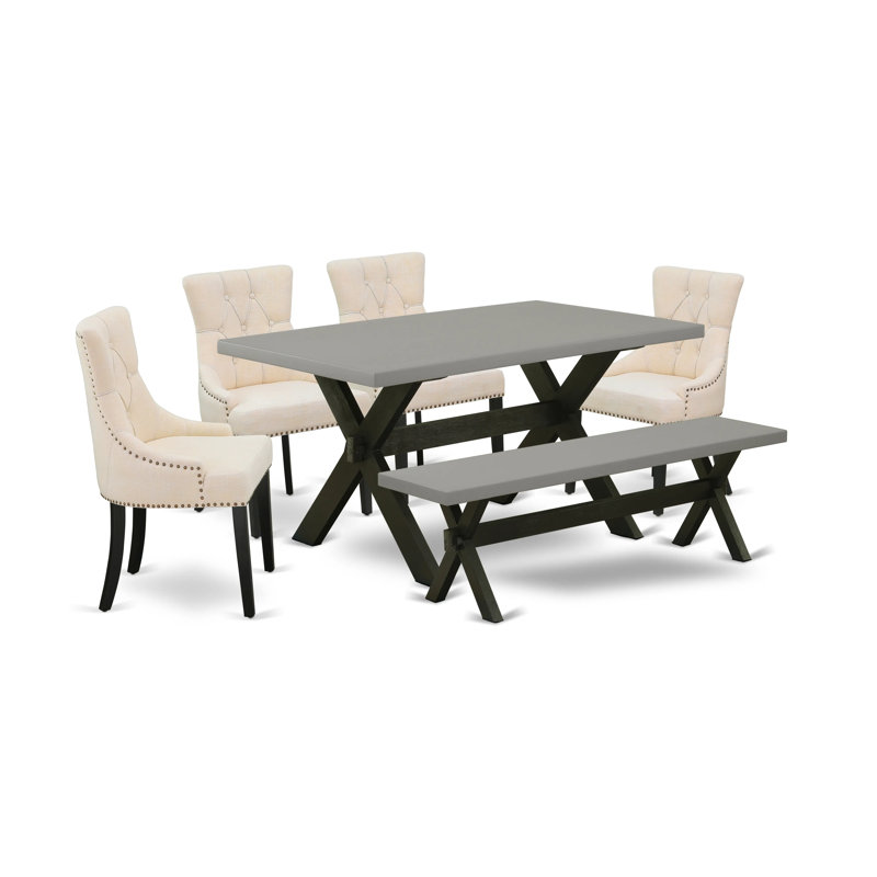 L'ensemble de salle à manger 6 pièces contient une table de salle à manger rectangulaire avec des pieds en X et 4 chaises Parson en tissu de lin beige clair avec un banc, noir brossé