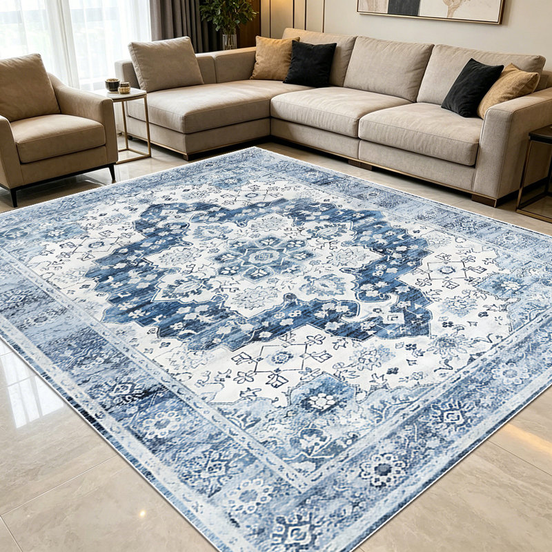 1PC vintage distressed blue and grey medallion Persian area rugs for Living Room, Soft and Comfortable, Suitable for all seasons, easy-to-maintain, machine washable Indoor floor mat, Under Table Farmhouse suitable for dining room, bedroom, home