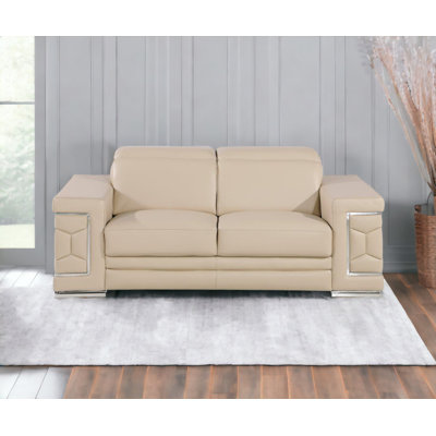 71" Beige And Silver Genuine Leather Loveseat