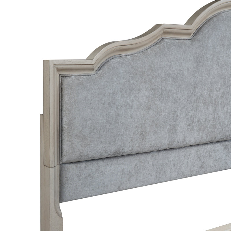 Structure de lit Aster Mid-Century en bois massif avec tête de lit et pied de lit rembourrés Aster, Gris clair / blanc