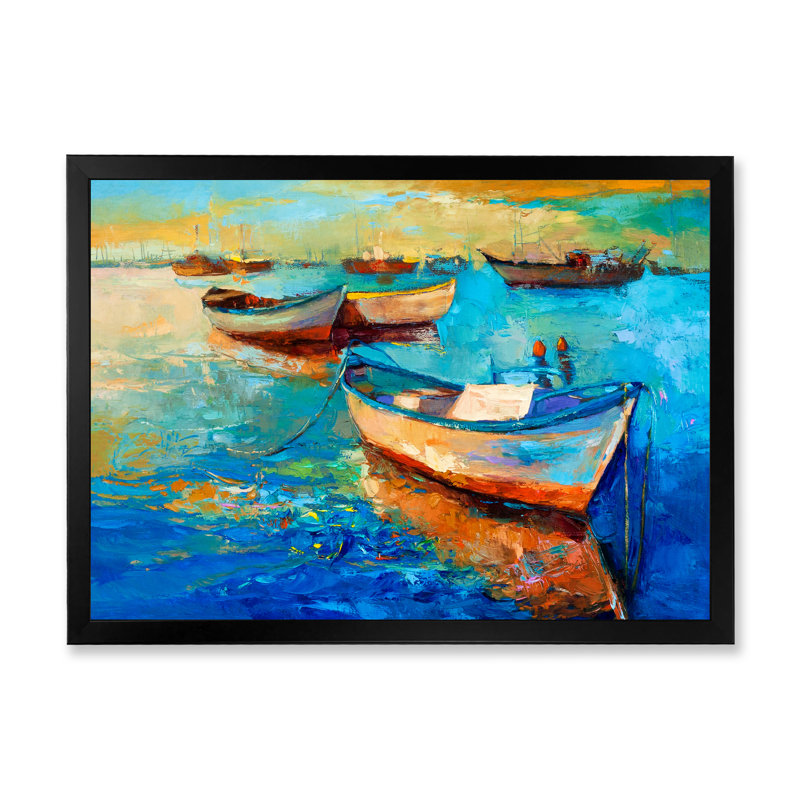 Bateaux en mer - Reproduction de photo sur toile, H 12 po x l 20 po x P 1 po, Toile avec cadre noir