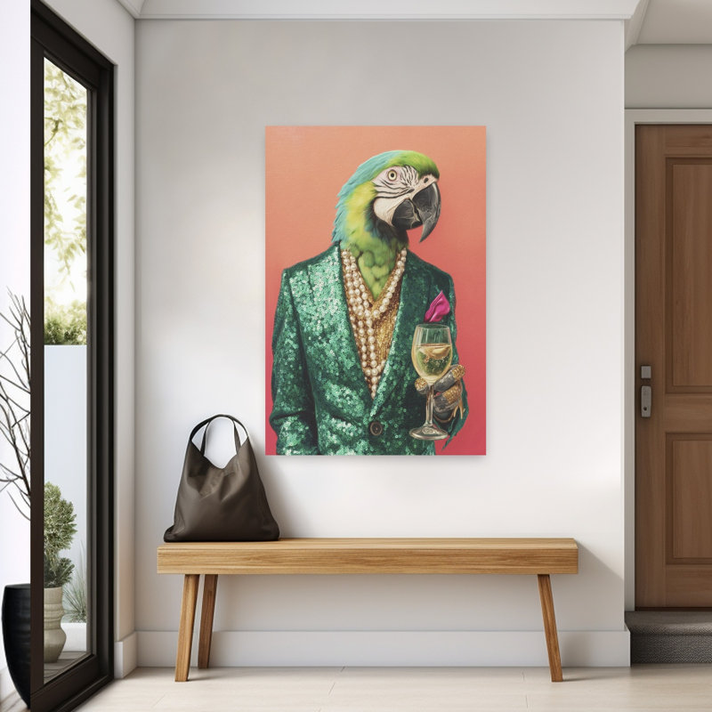 Parrot In Emerald Green Blazer Surreal Contemporary Bird Wall Art Print, 152.4cm H x 101.6cm W