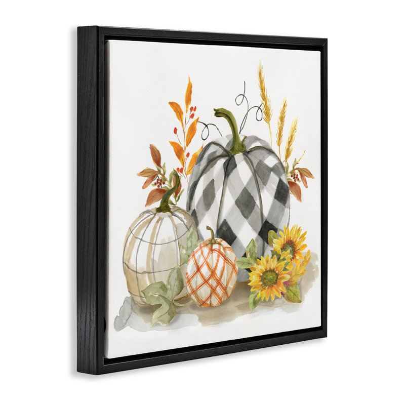 "Fall", patchwork à motifs de citrouilles et de fleurs encadrées par Nan, Cadre flottant noir de jais, H 18 po x l 18 po