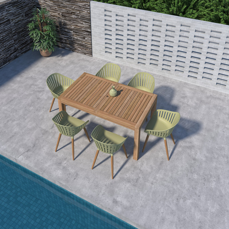 7Pc FSC Teak Outdoor Patio Dining Set, Green, 6, 30" H x 63" L x 35" D