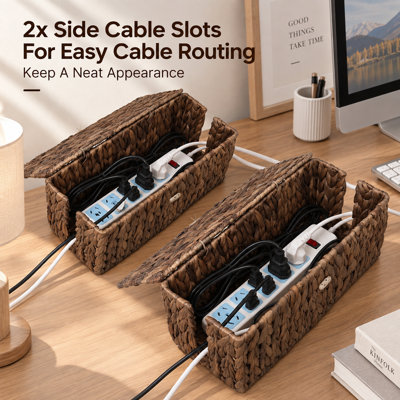 2 Pack Hand-Woven Cable Management Box, Brown