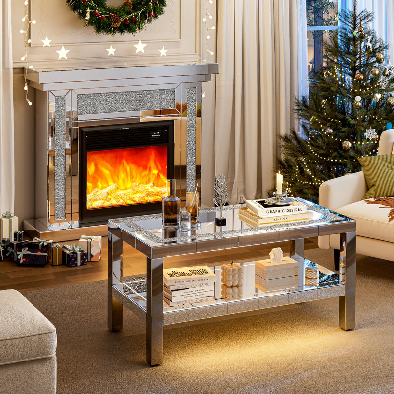 Mirrored 2 Tiers Coffee Table With Led, Rectangle Mirrored Coffee Table With Crushed Diamond And Stainless Steel Legs, Coffee Table For Living Room