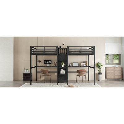 Lit mezzanine simple au-dessus d'un lit simple en métal avec bureau double, armoire et tablettes avec prise électrique pour économiser de l'espace et réduire le bruit, noir