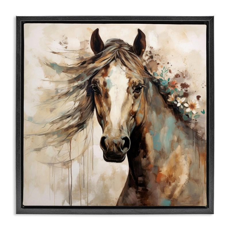 Cheval brun avec fleurs, H 18 po x l 18 po, Cadre flottant noir de jais