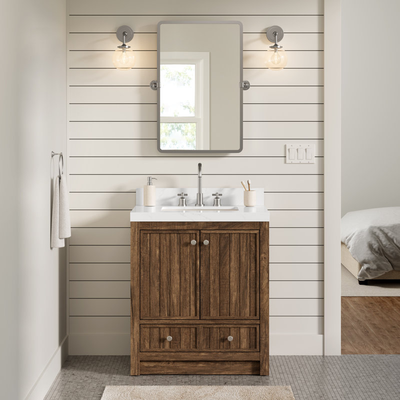 Meuble-lavabo 30 po avec comptoir en quartz blanc Thassos Aula, Brun noyer classique