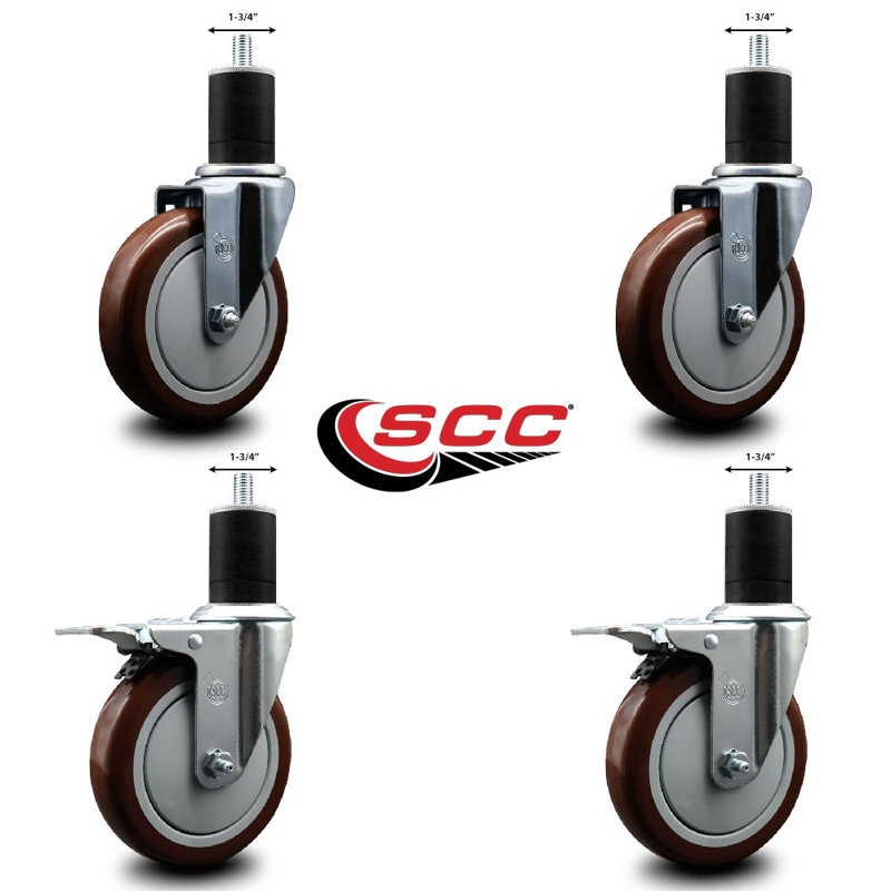 Ensemble de roulettes extensibles en poly pivotant de 5 pouces de 1 3/4 po et 2 freins à verrouillage total, Marron