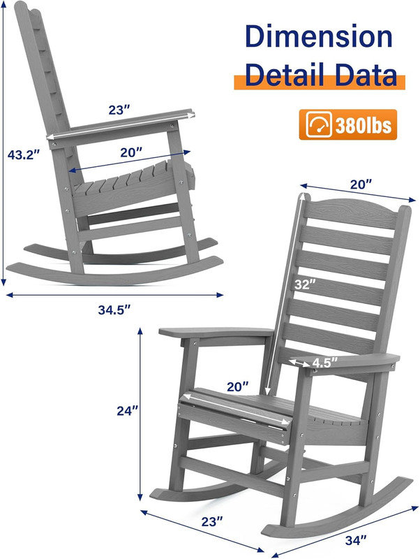 Chaise berçante d'extérieur à bascule pour l'extérieur toutes saisons avec dossier courbé et chaise berçante en plastique pour porche, pelouse, cour, jardin, gris