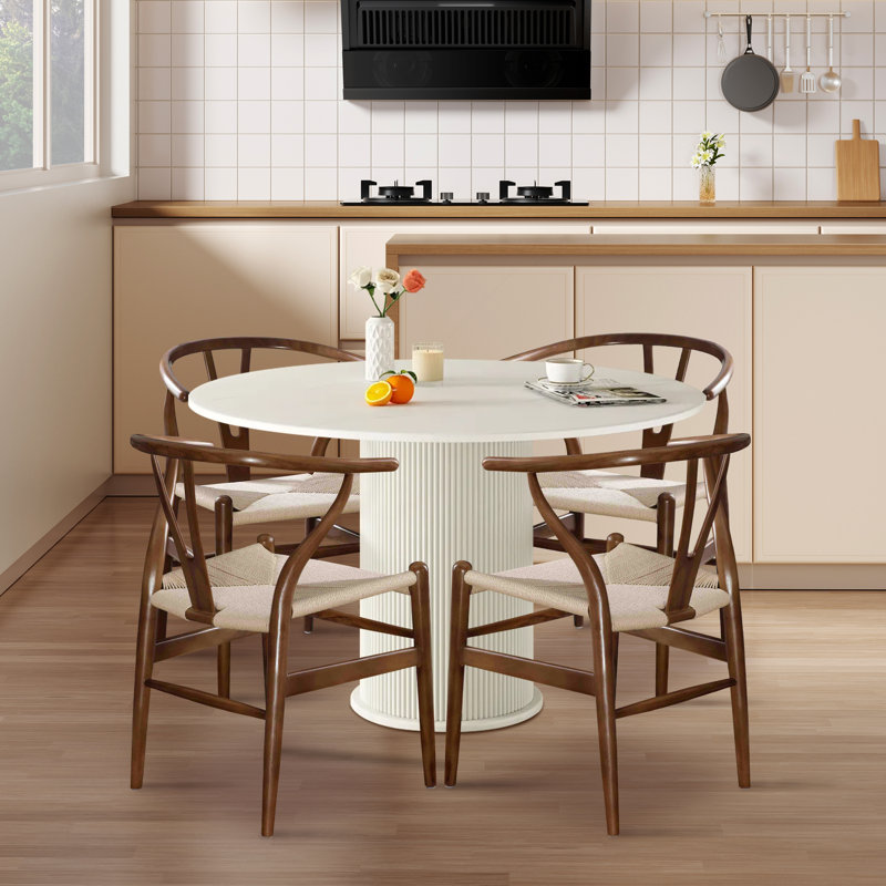 Solid Wood Dining Chair, Mid-Century Chair, Cream/Walnut