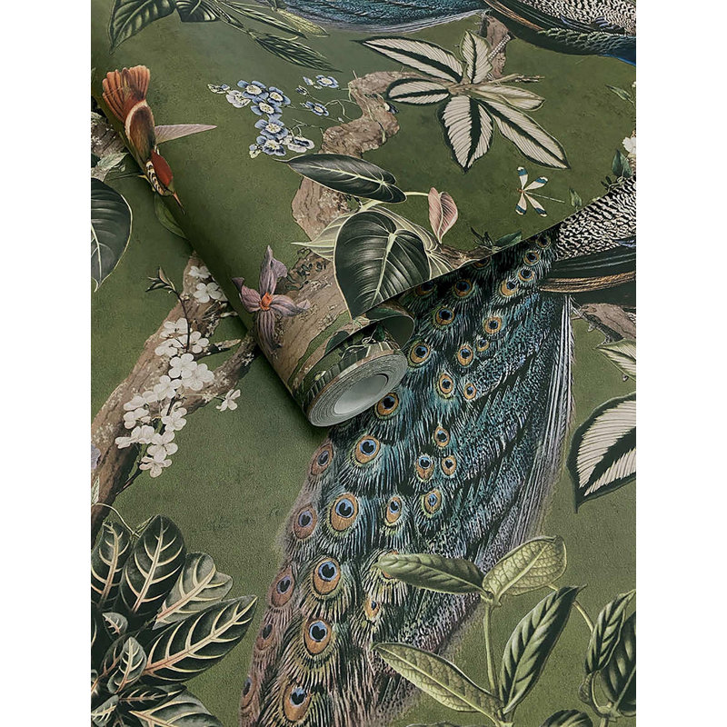 Papier peint double rouleau Botanical Climbing Peacock & Climbing Florals, Vert