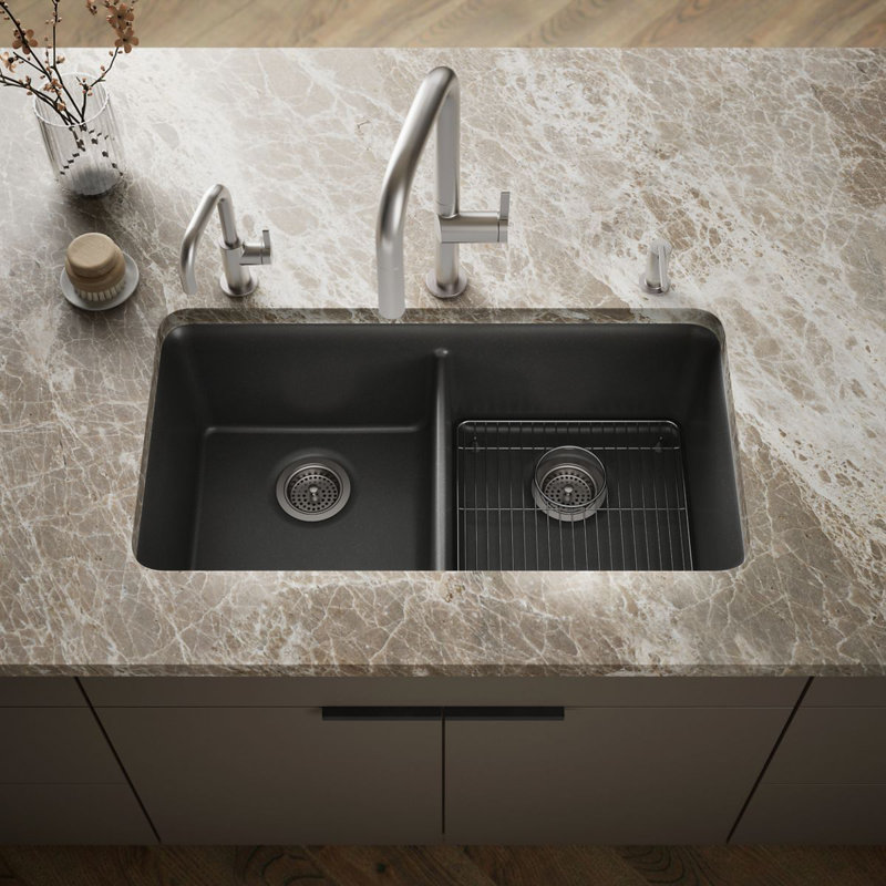 Cairn 34" L x 18" W Under-Mount Double-Equal Kitchen Sink, Graphite mat