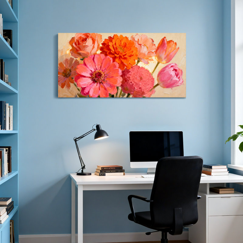 Bouquet de plantes et de fleurs avec fleurs roses et oranges, H 20 po x l 40 po