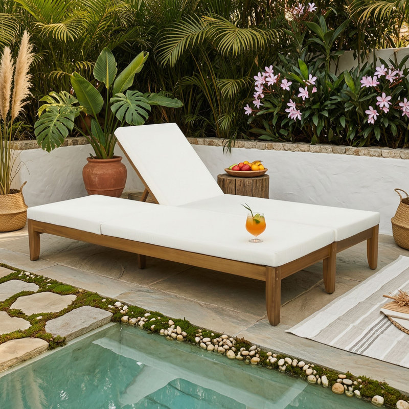Adjustable Outdoor Double Chaise Lounge with Cushions, Natural