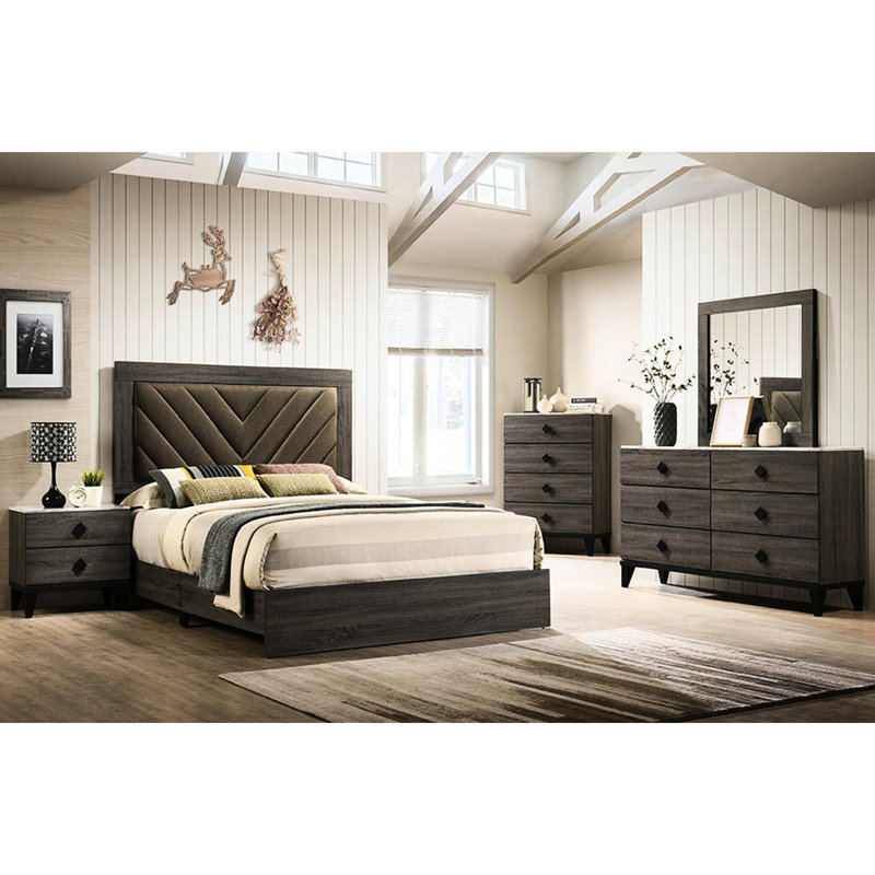 Rustic Accented Dark Gray Oak Queen Bed, Fabric Wrapped, Assembly Required Needed