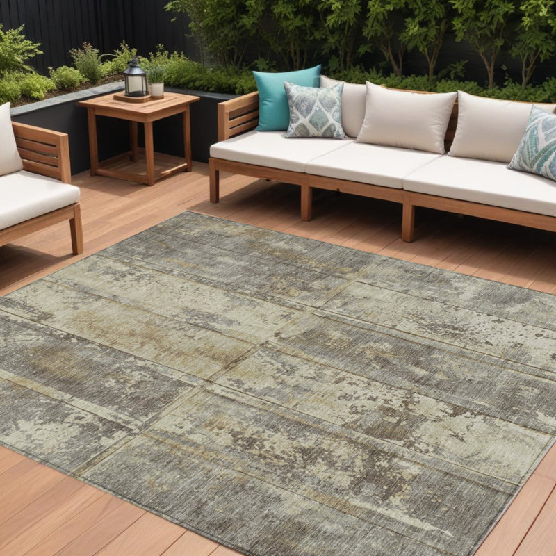 Tapis extérieur lavable abstrait doré et kaki 8 pi x 10 pi beige