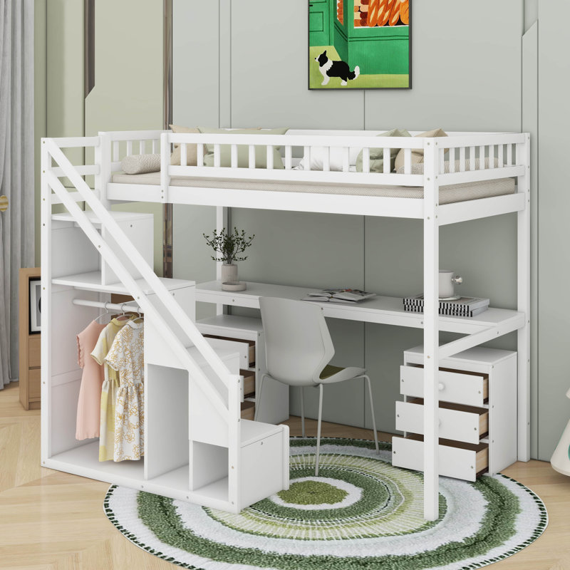 Twin Size Loft Bed With Two Chest Of Drawers, Desk And Light Strip, Twin, White