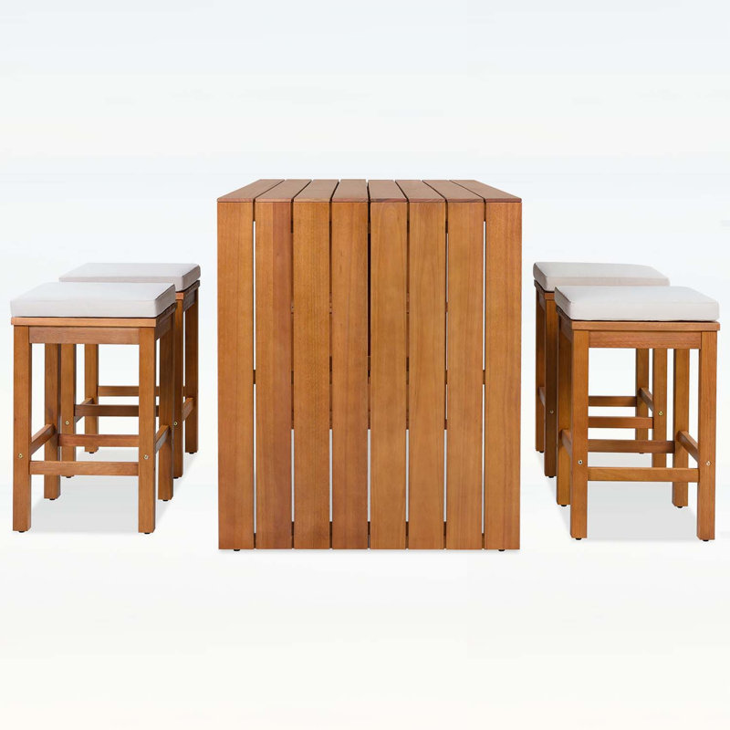 Ensemble de bar extérieur 5 pièces, table de salle à manger en bois de patio et quatre tabourets avec coussins pour la cour, le bord de la piscine et le balcon