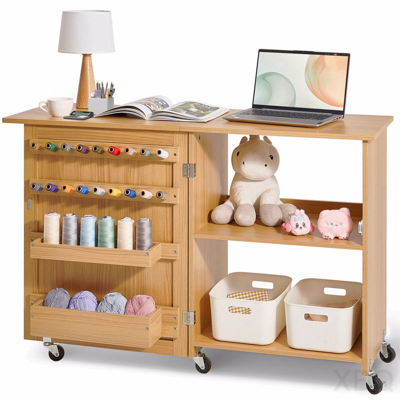 Armoire de table pliante polyvalente pour machine à coudre avec roulettes, tablettes et portes magnétiques - couleur bois