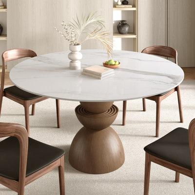 Modern Round Dining Table With Solid Wood Pedestal Base & Sintered Stone Tabletop For Seat 2-6