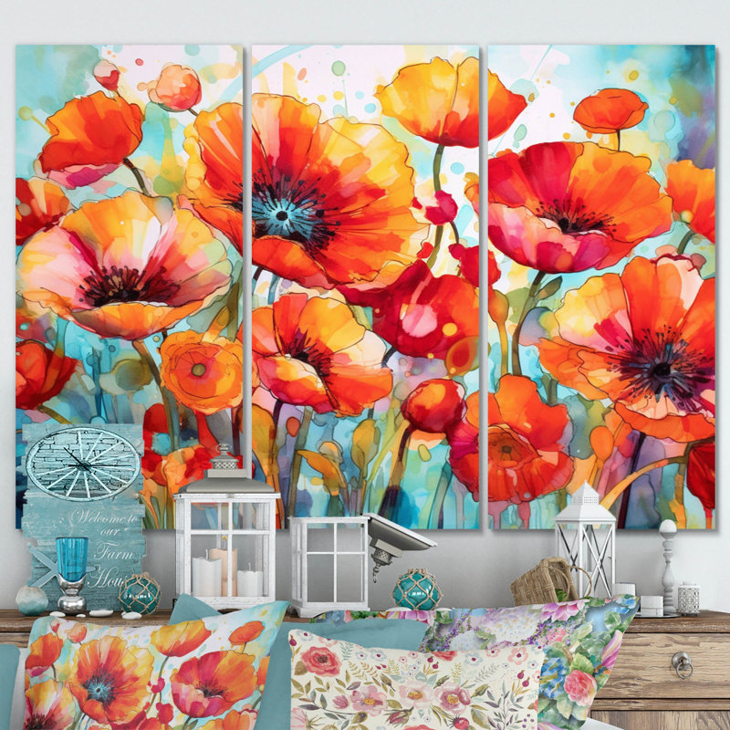 Brilliant Poppies V sur toile, 3 pièces, H 28 po x l 36 po x P 1 po