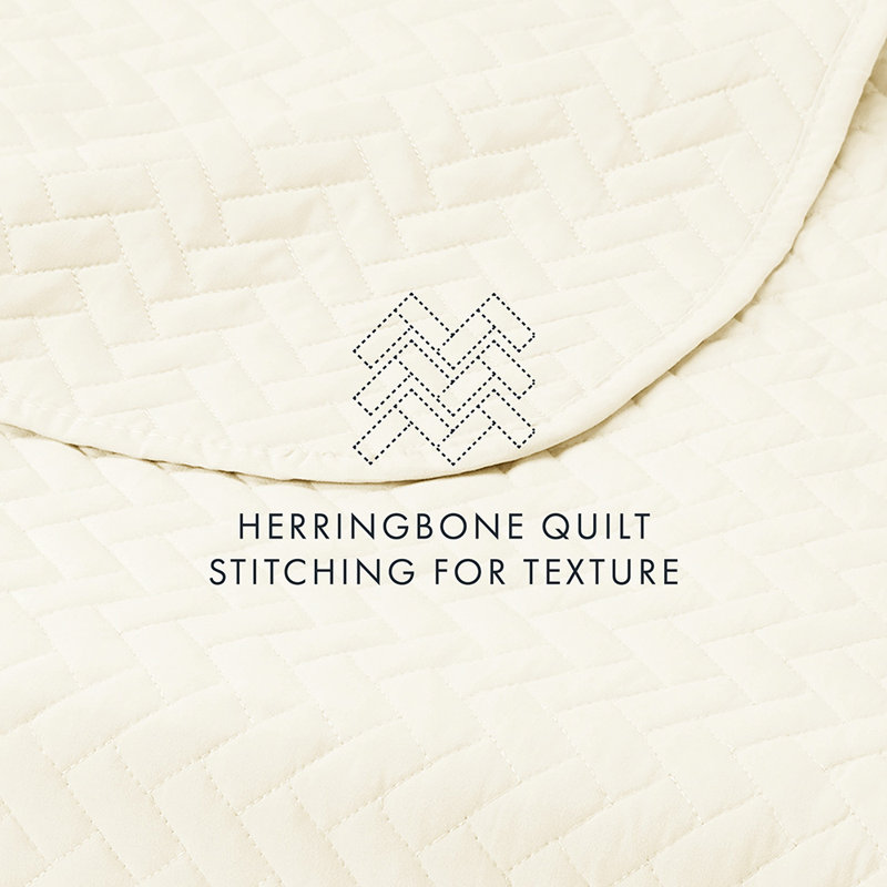 Quilt Coverlet Set All Season Microfiber Contemporary Ultra Soft Bedding in Herringbone Stitch, Ivory