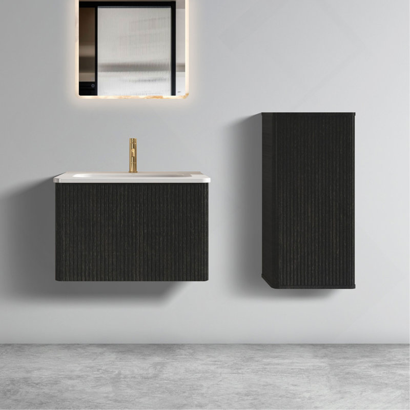 Meuble-lavabo flottant rayé en chêne noir brossé de 24 po avec lavabo en céramique blanche, meuble-lavabo une pièce sans drain