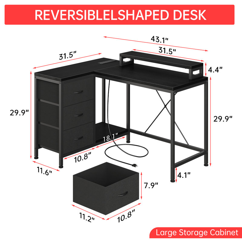 Bureau en L avec prises de courant et lumières DEL - Bureau d'ordinateur d'angle avec tiroirs et tablettes, Black